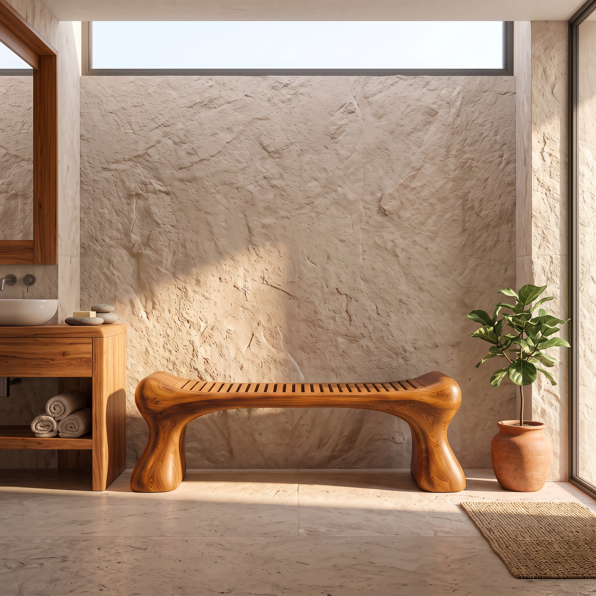 Rustic Wooden Shower Bench With Thick Sculpted Legs For Bathroom