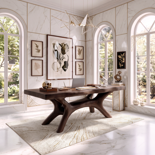 Rustic Dark Office Desk With Sculptural Arch Legs For Home Office