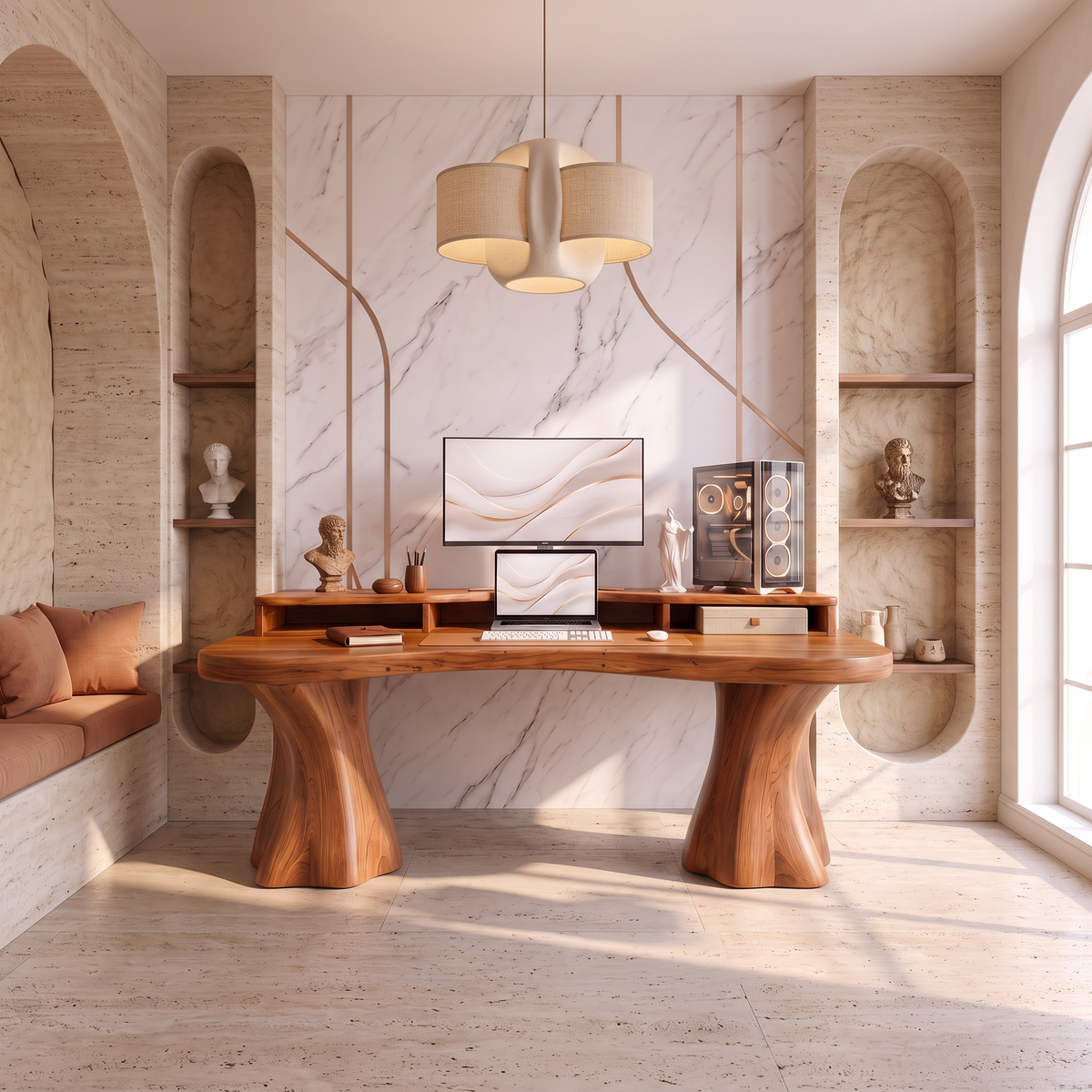 Rustic Solid Wood Desk With Tree Trunk Inspired Legs For Home Office