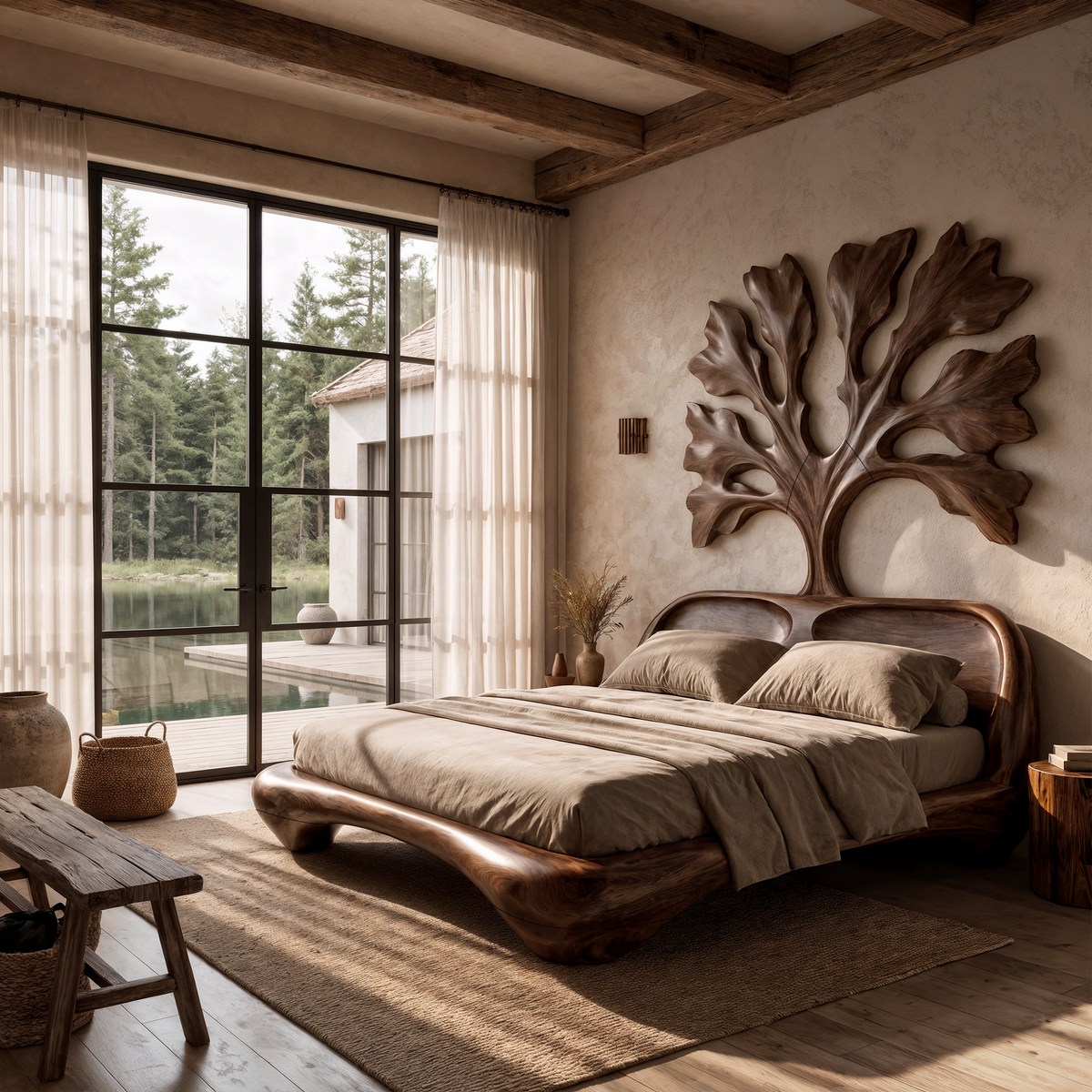 Organic Wooden Bed Frame With Artistic Tree Silhouette Headboard For Bedroom