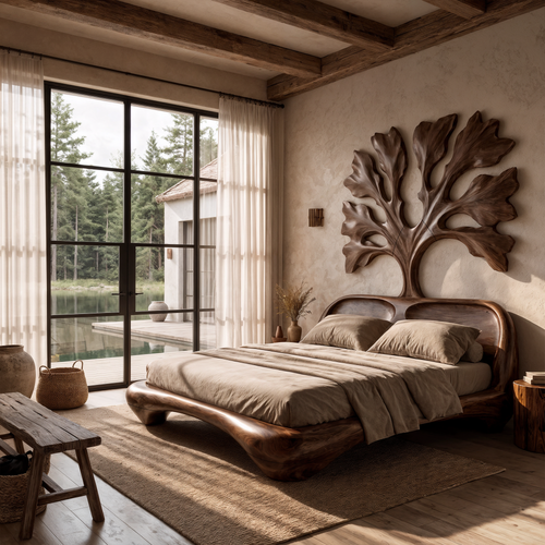Organic Wooden Bed Frame With Artistic Tree Silhouette Headboard For Bedroom
