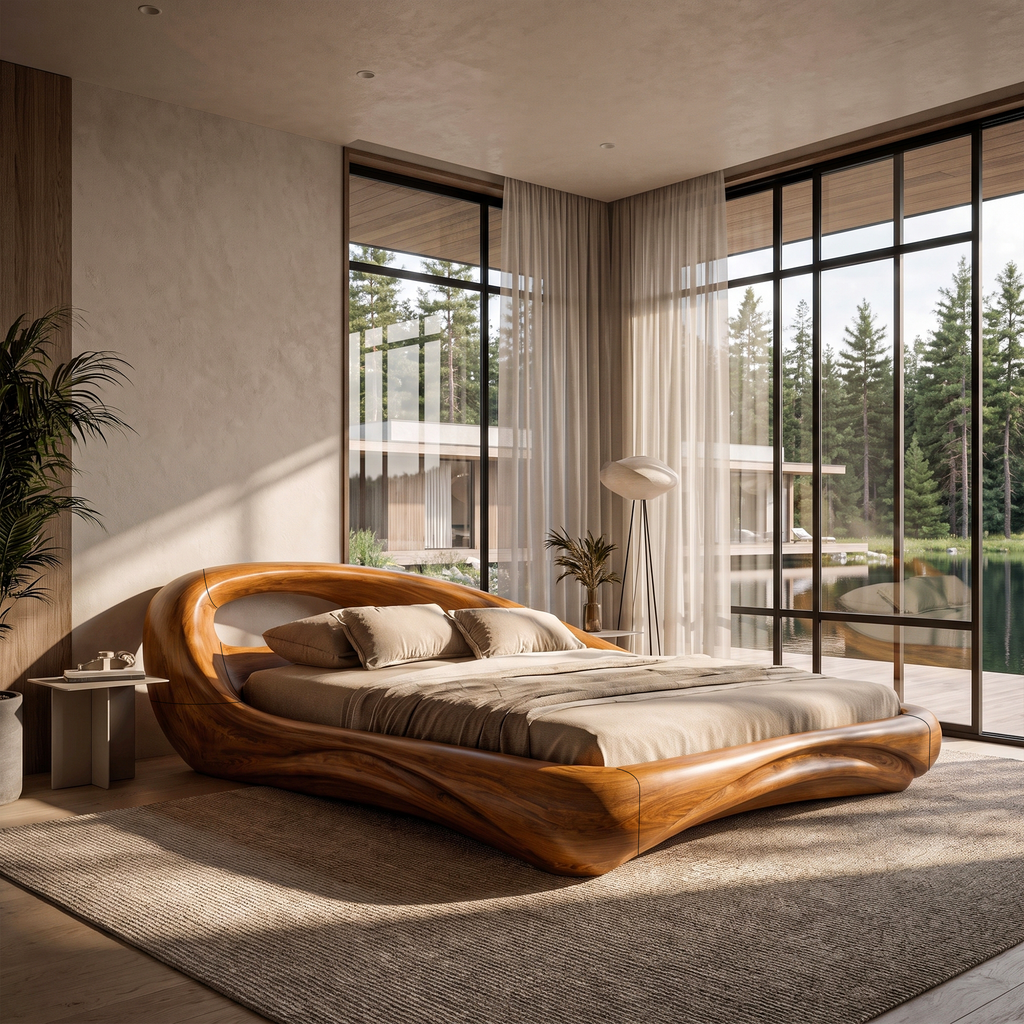 Modern King Bed Frame With Flowing Curved Headboard For Bedroom