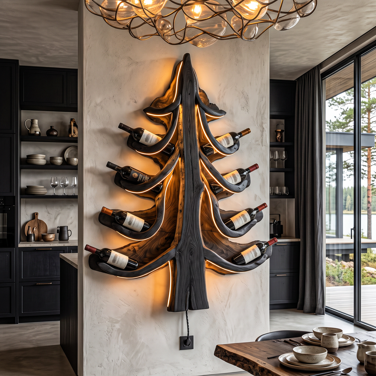 Modern Wine Display Rack With Sculptural Pine Tree Design For Home Bar