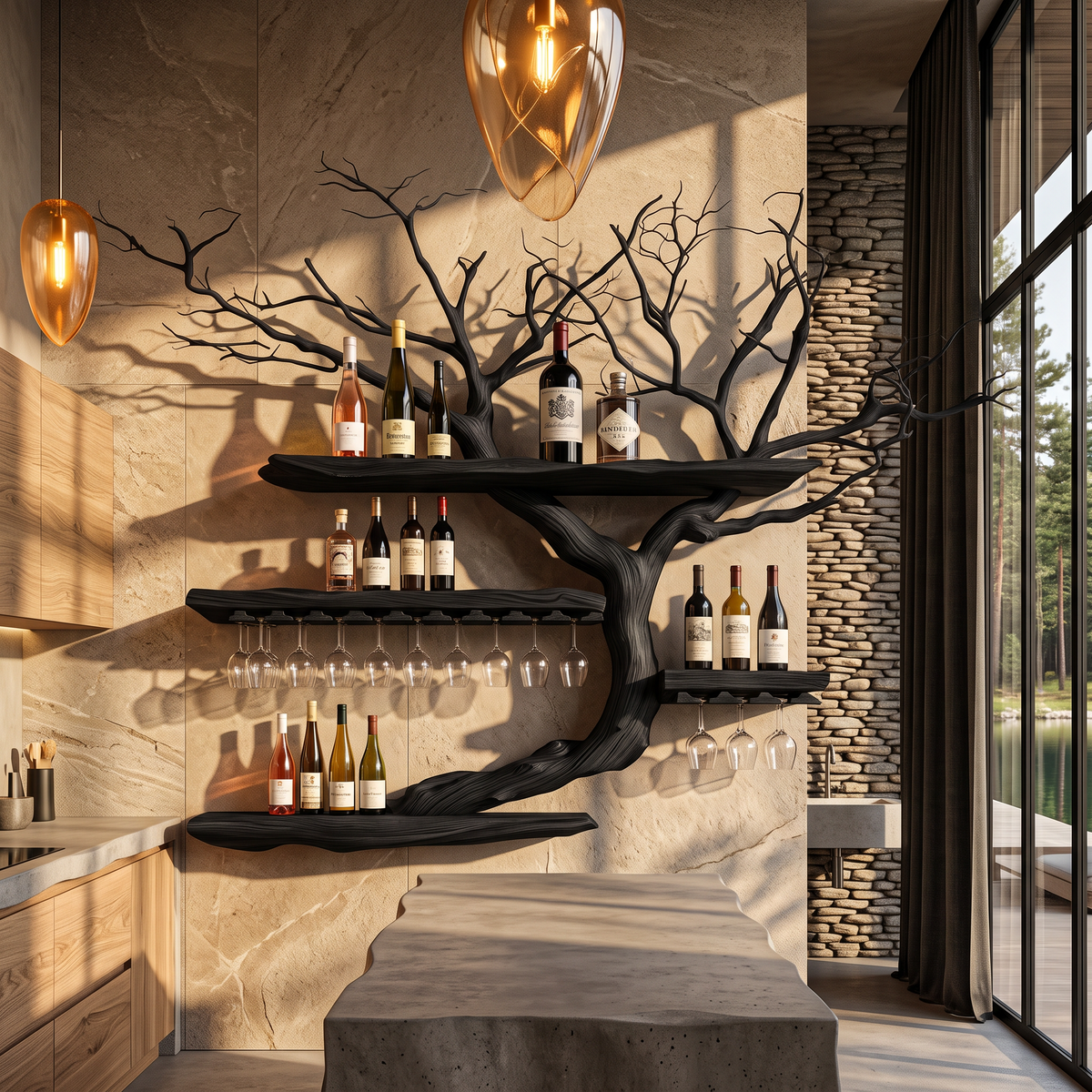Organic Wine Storage Rack With Flowing Tree Limb Design For Dining Room