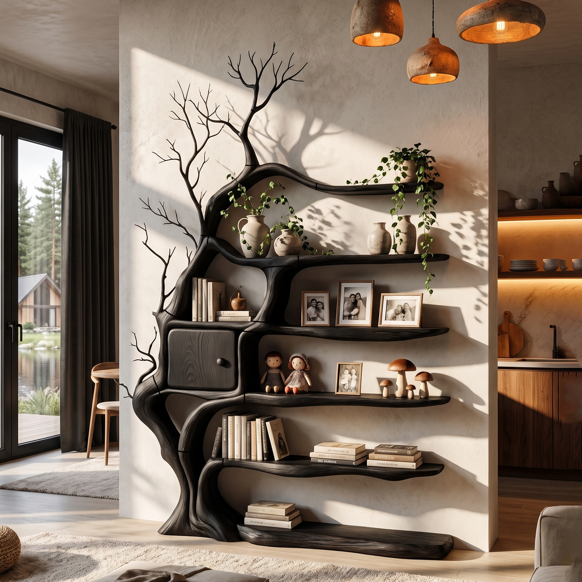 Modern Tree Bookshelf With Integrated Storage Cabinet For Living Room