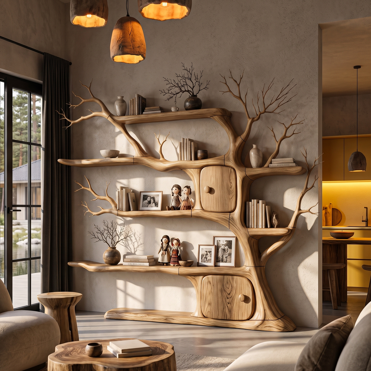 Rustic Wall Mounted Tree Bookshelf With Trunk Inspired Cabinet For Reading Room
