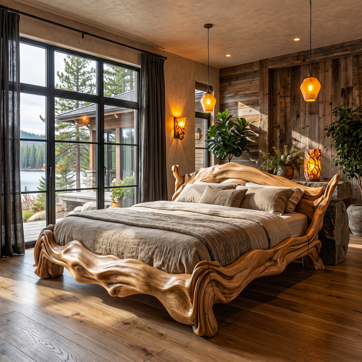 Contemporary King Bed Frame With Flowing Ripple Form For Bedroom