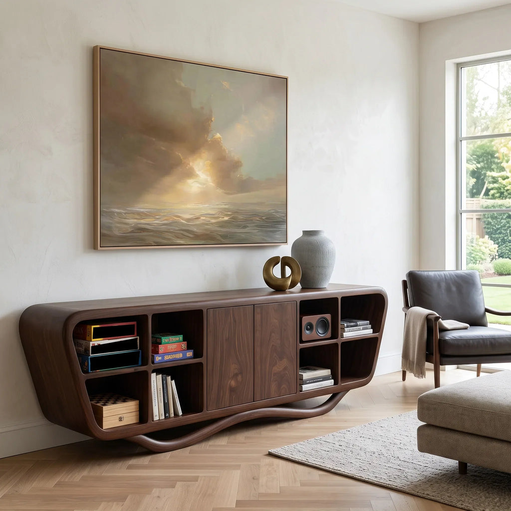 Contemporary Curved Open Shelf Sideboard For Entryway
