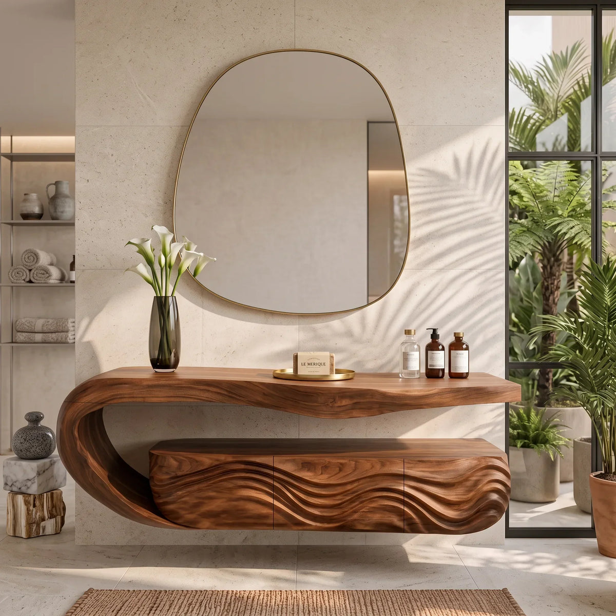 Minimalist Floating Bathroom Vanity Wave Carved Cabinet For Modern Bathroom