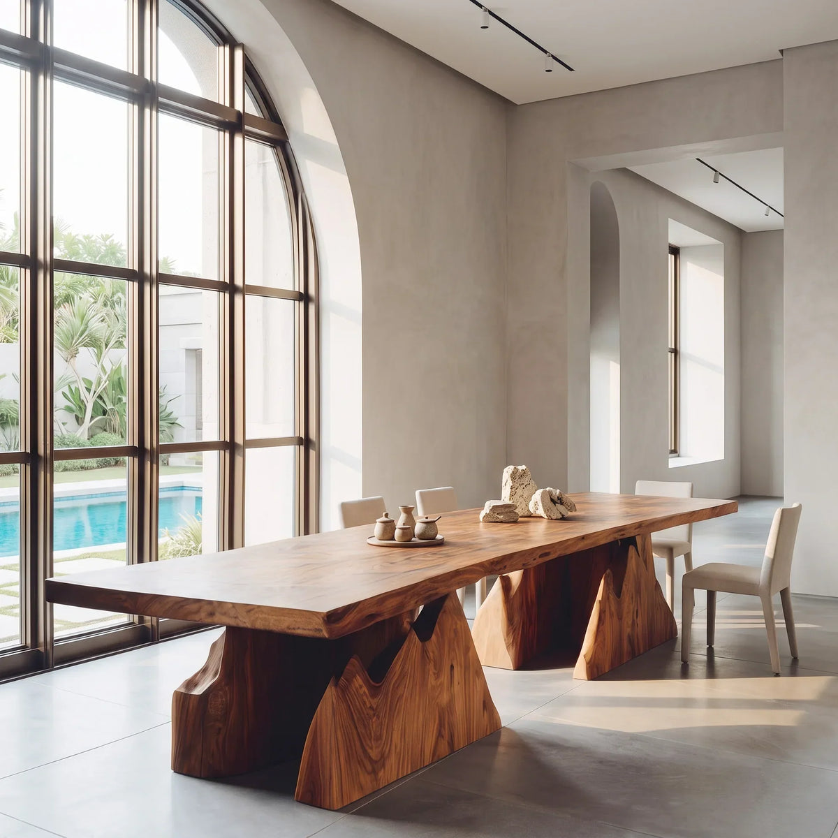 Modern Natural Wood Dining Table Geometric Pedestal For Dining Room