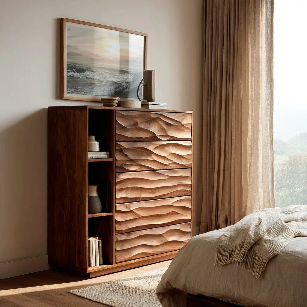 Contemporary Wave Carved Dresser With Shelves For Bedroom