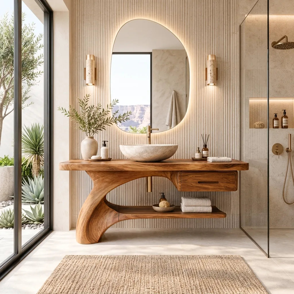 Sculptural Bathroom Vanity Curved Base With Storage For Modern Homes