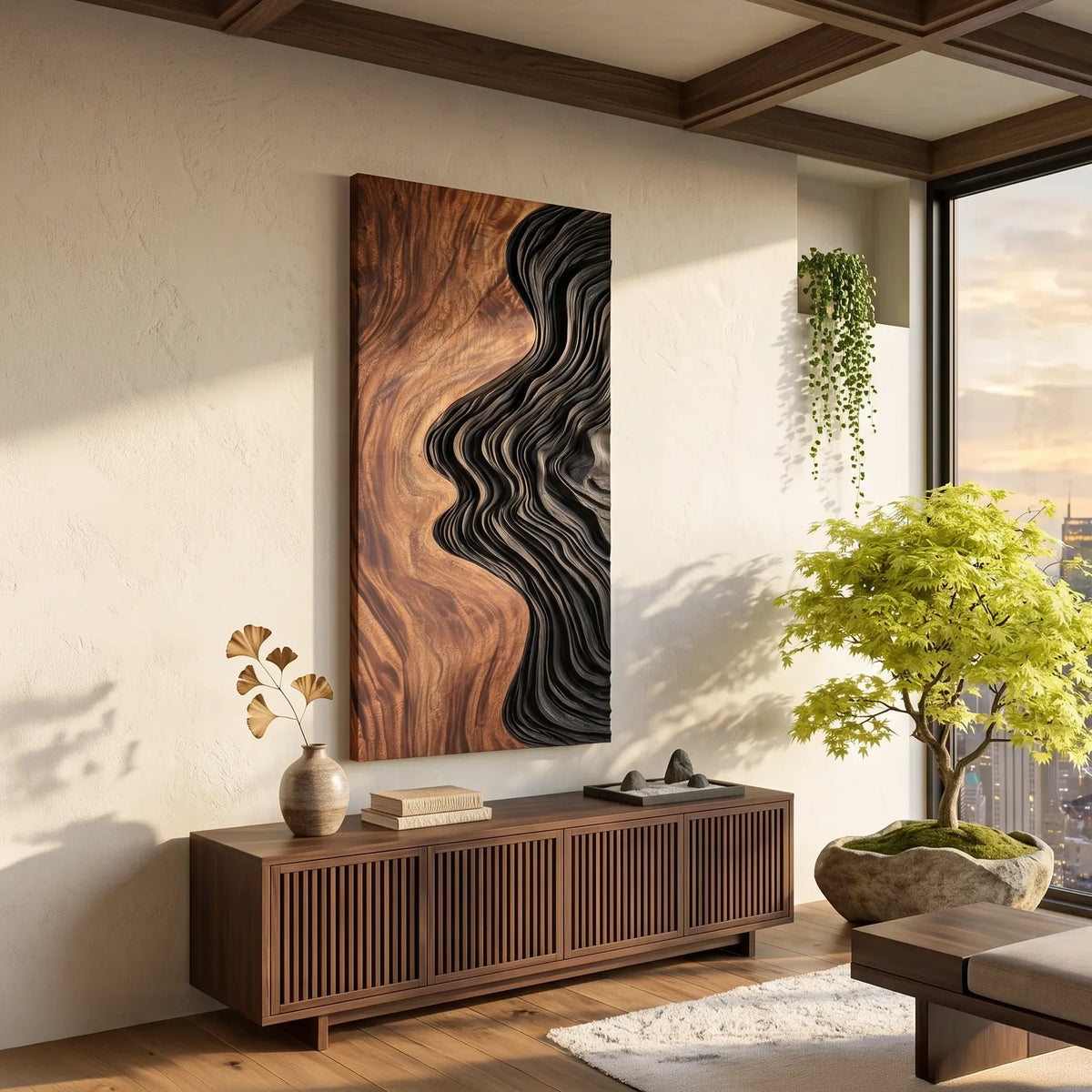 Japandi Flowing Wave Wooden Wall Sculpture Modern Foyer
