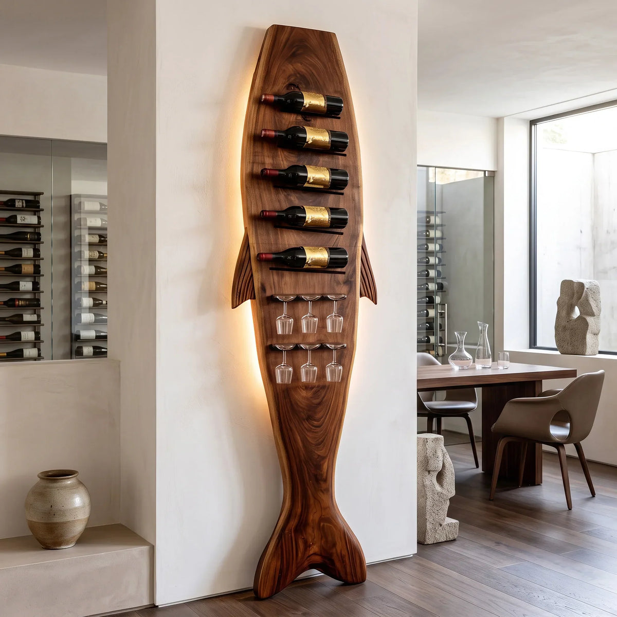 Modern Sculptural Wine Rack With Glass Holder For Dining Room
