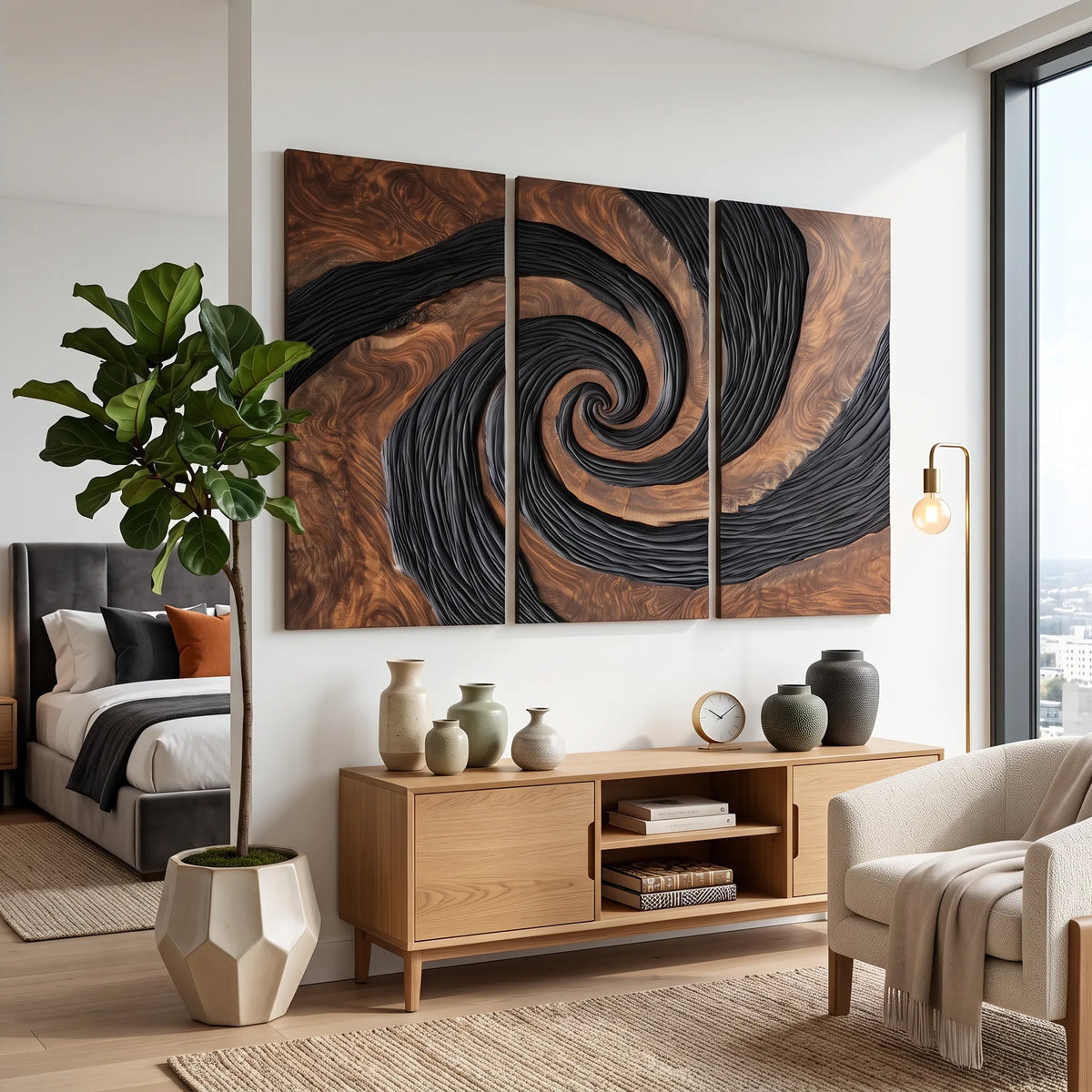 Organic Modern Spiral Triptych 3D Wall Art Urban Loft