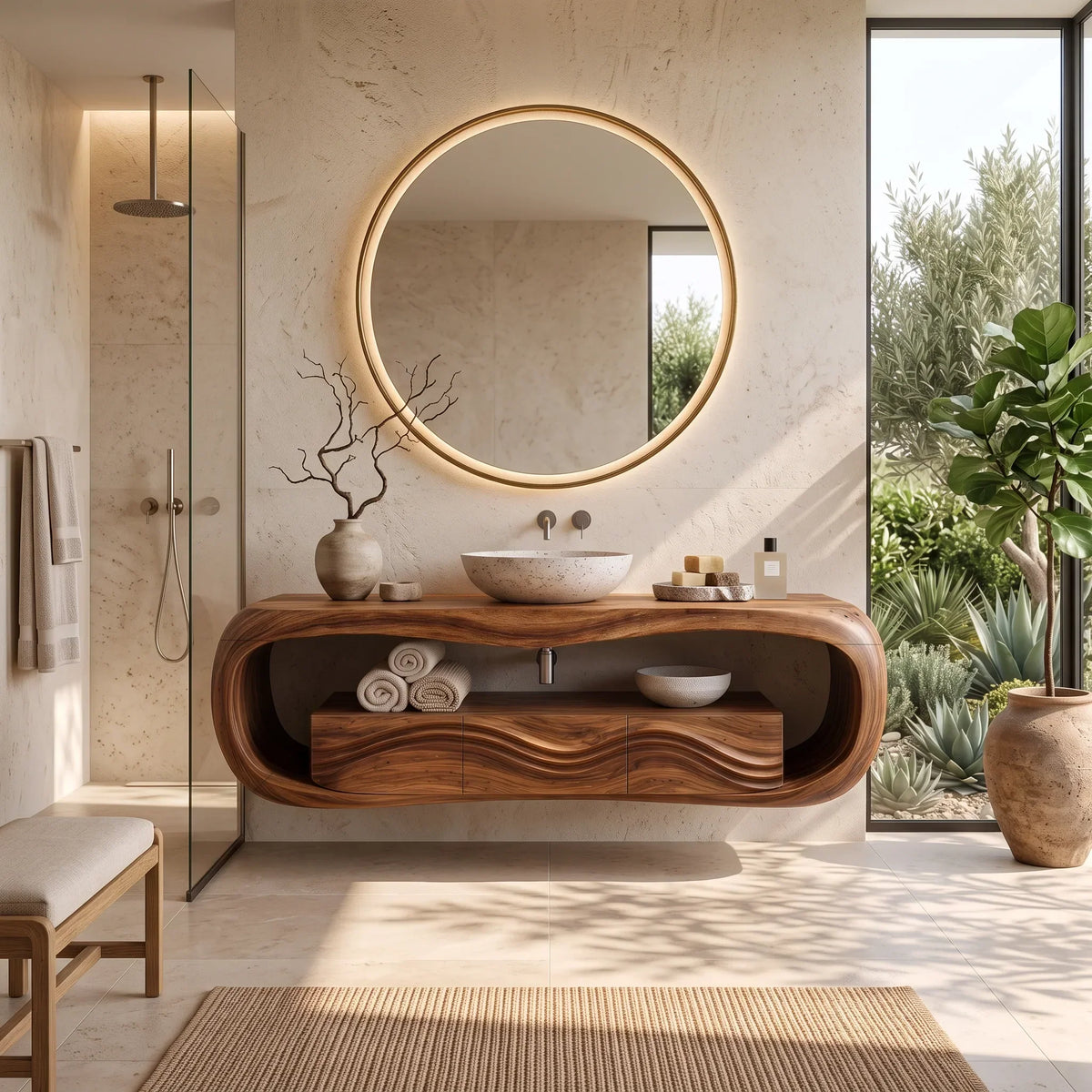 Sculptural Wall Mounted Bathroom Vanity Curved Shelves For Luxury Bathroom