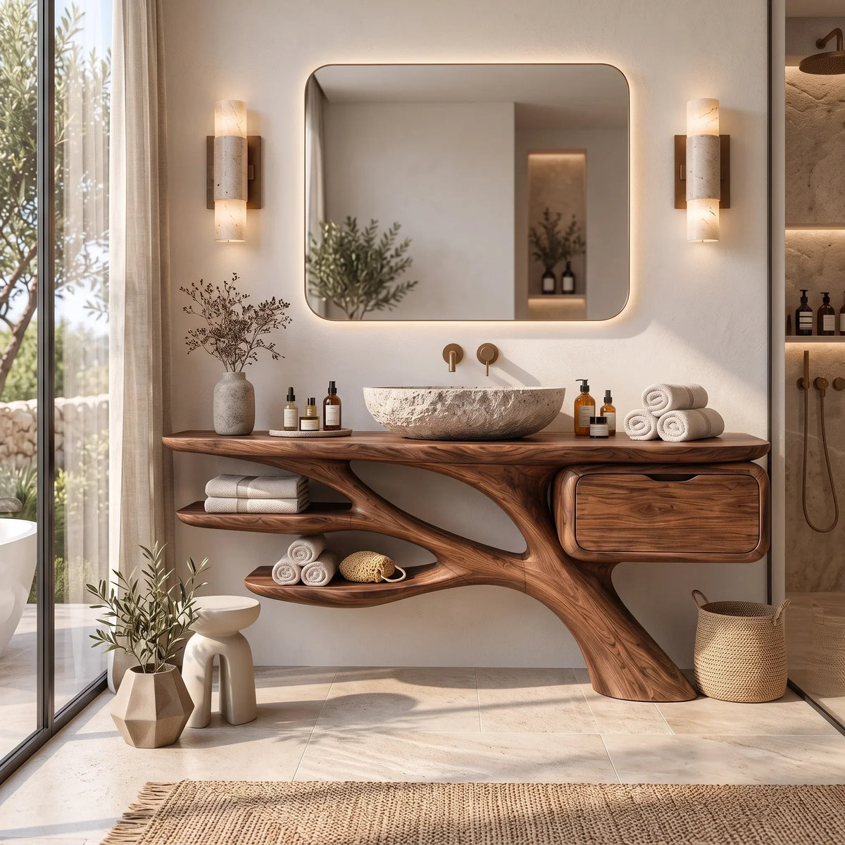 Biophilic Bathroom Vanity Branch Shelves For Luxury Bathroom
