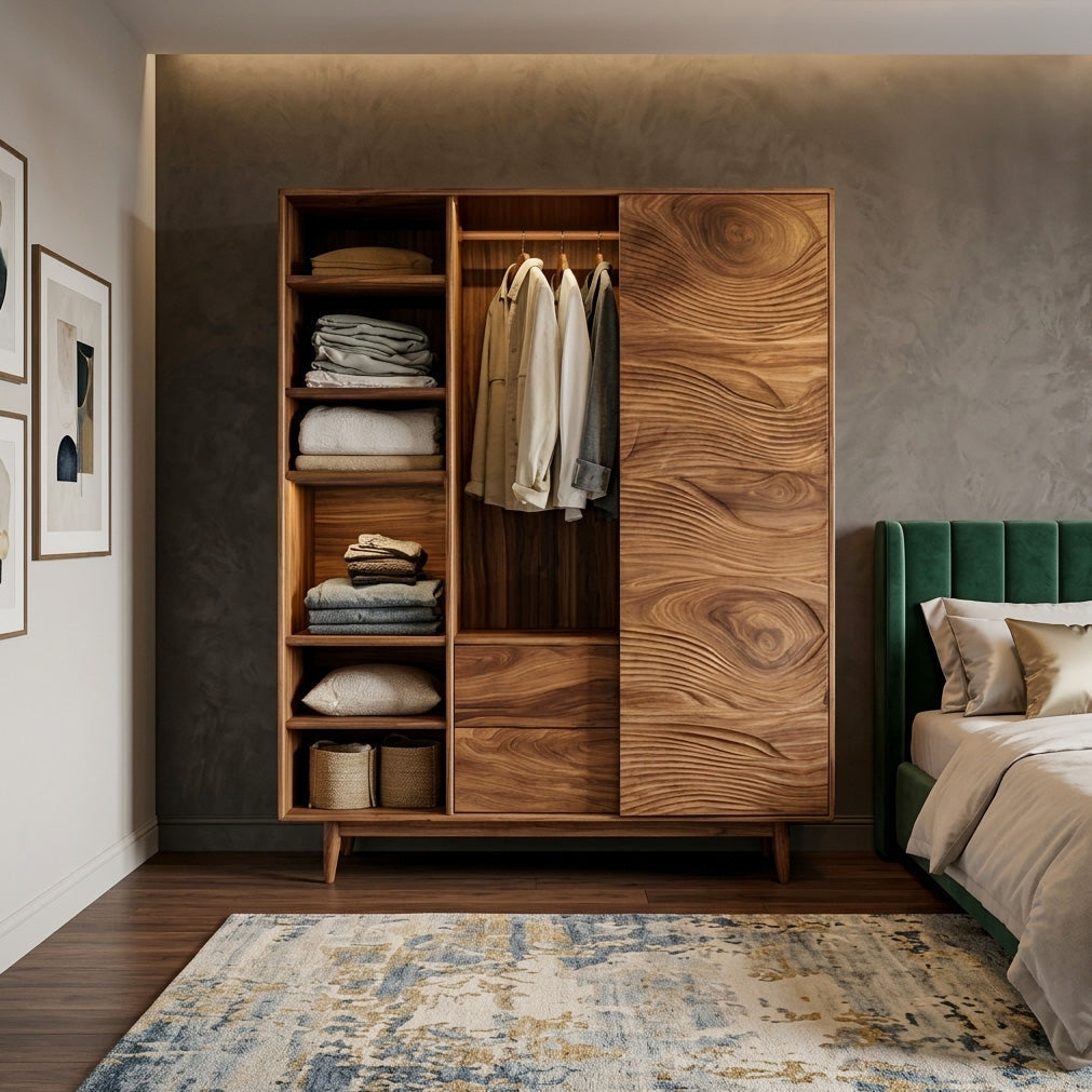 Minimal Wardrobe With Carved Front For Bedroom Space