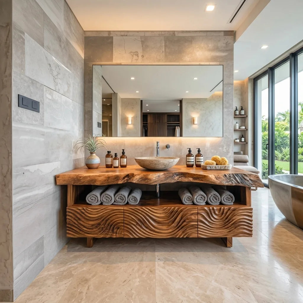 Luxury Bathroom Vanity Wave Carved Drawers For Modern Spa