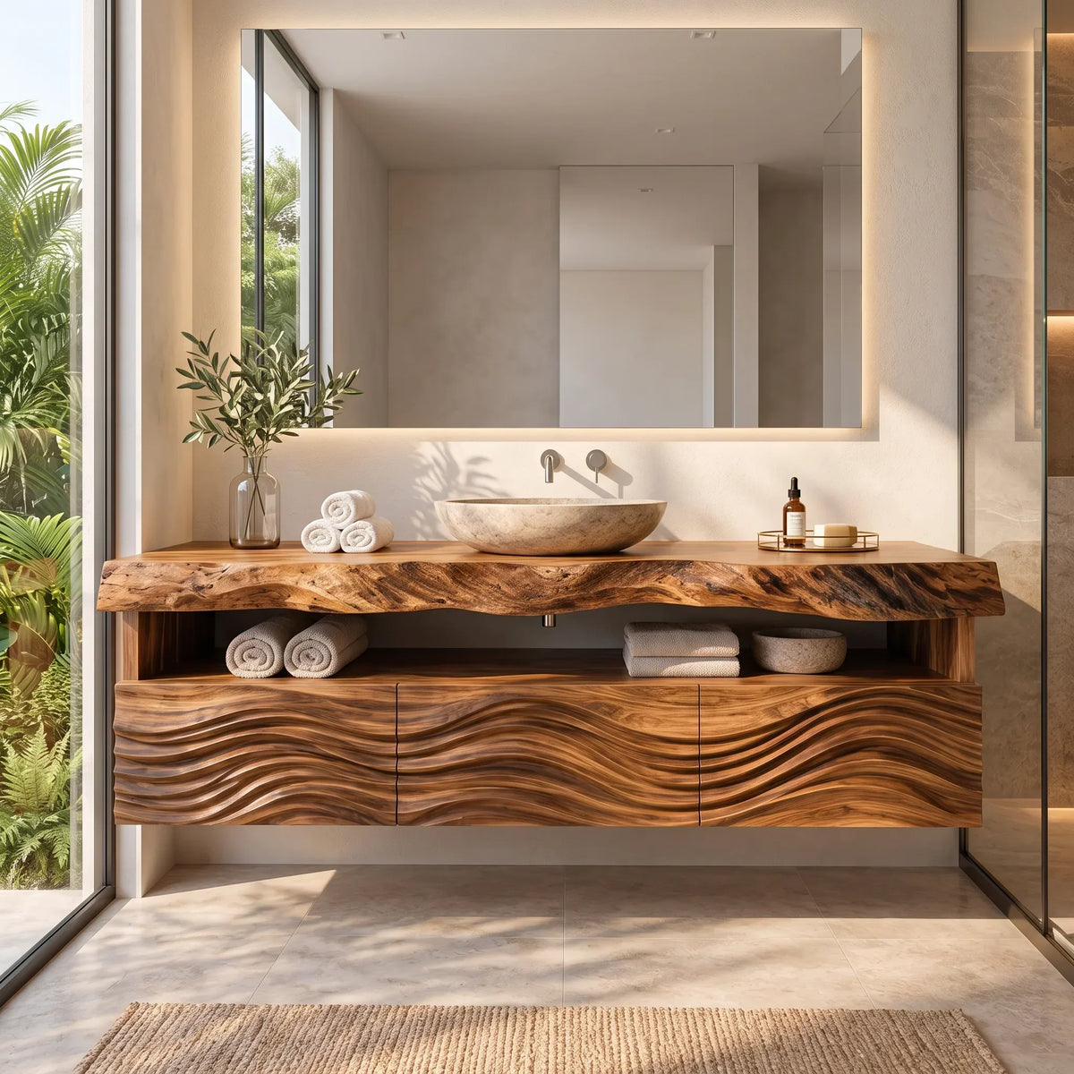 Contemporary Wall Mounted Bathroom Vanity Wave Carved Drawers For Ensuite