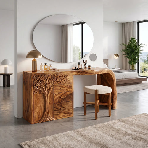 Elegant Makeup Vanity Desk Dressing Table Carved Tree Cabinet For Bedroom
