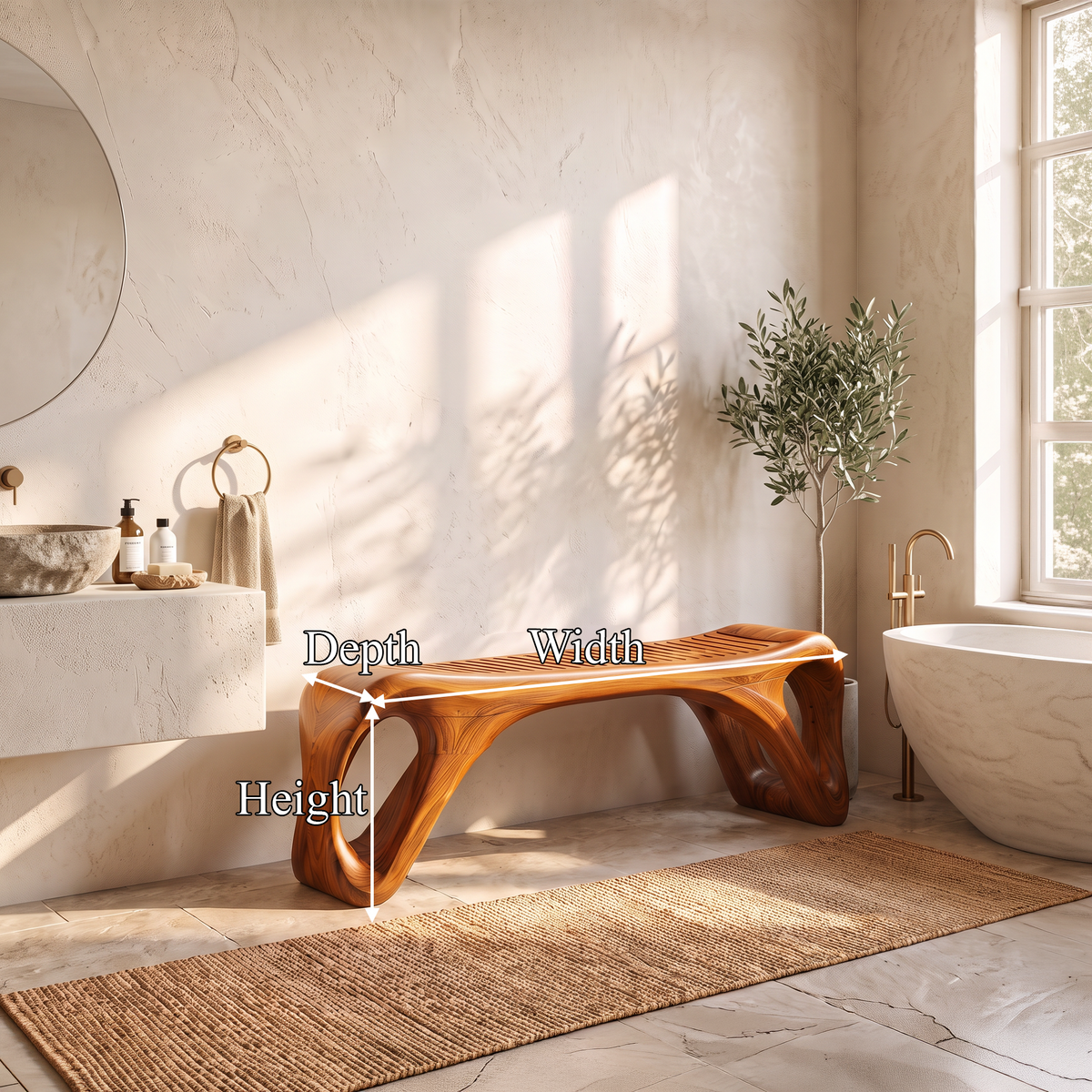 Mid Century Vanity Bench With Rounded Frame And Open Leg Detail For Bathroom