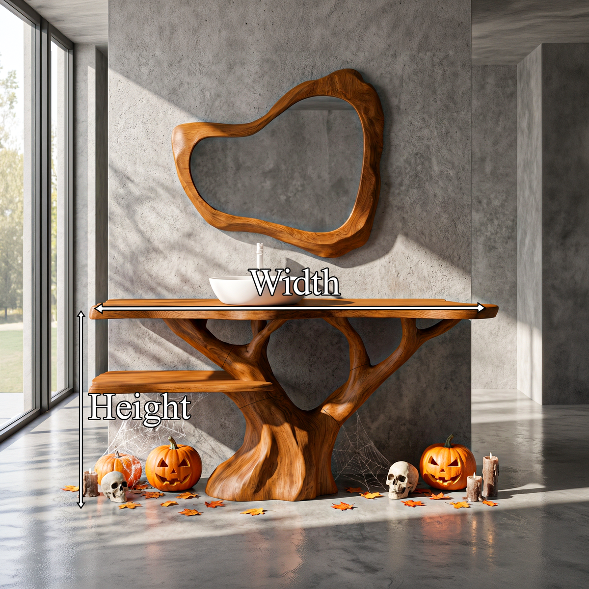 Mid Century Halloween Solid Wood Bathroom Vanity With Sculptural Tree Form For Bathroom