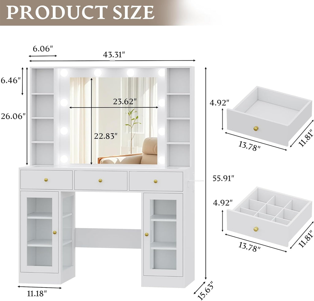 Makeup Vanity Desk With Mirror, LED Lights, Glass Top, 3 Drawers And 2 RGB Glass Cabinets, White