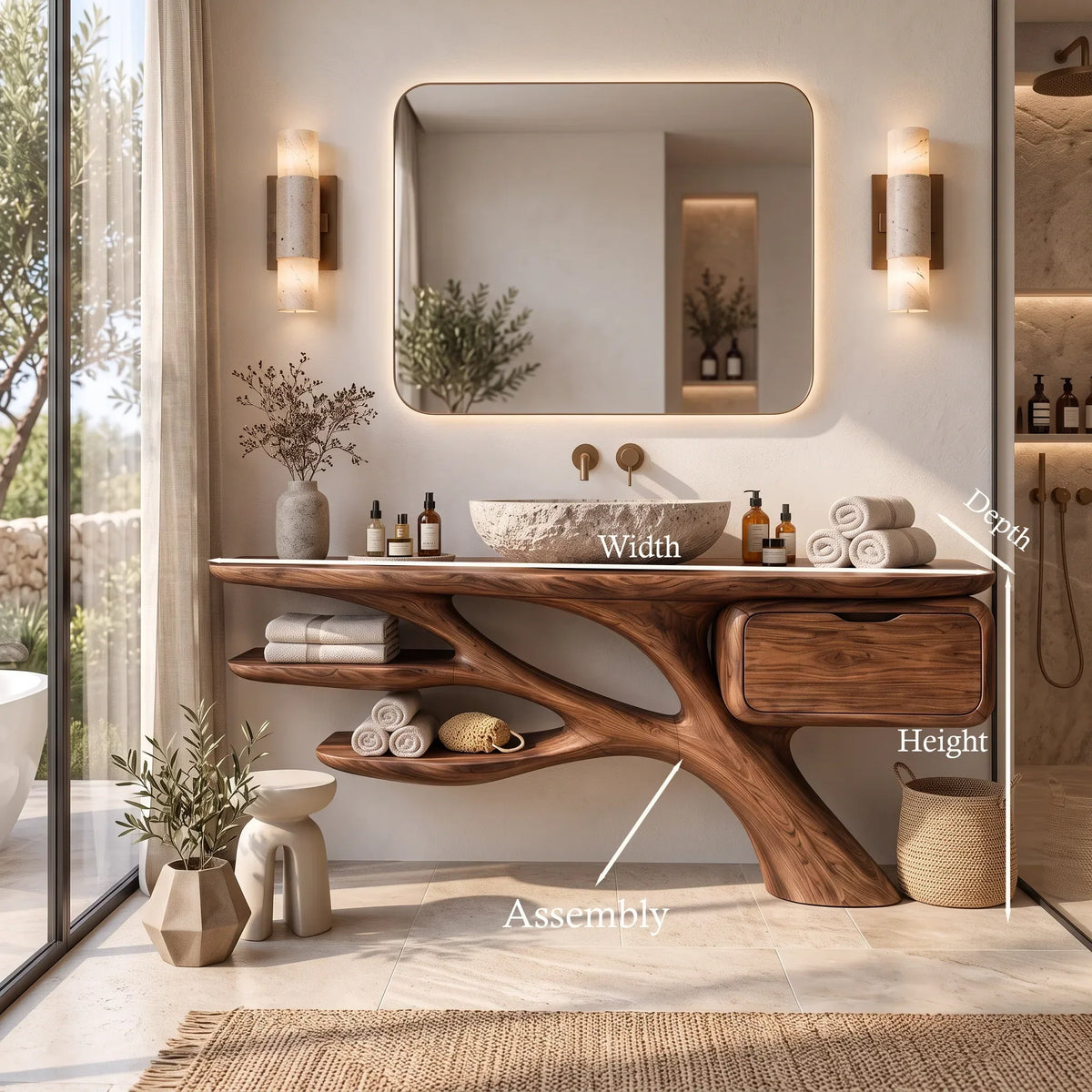 Biophilic Bathroom Vanity Branch Shelves For Luxury Bathroom