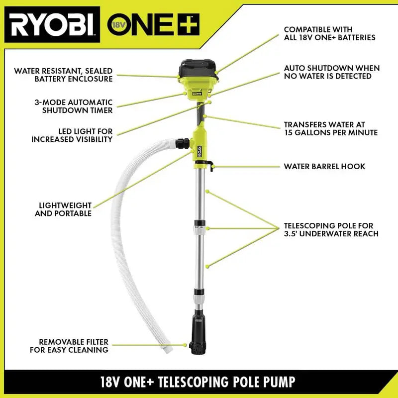 RYOBI ONE+ 18V Cordless 1/6 HP Telescoping Pole Pump With 2.0 Ah Battery And Charger - RY20UP022K