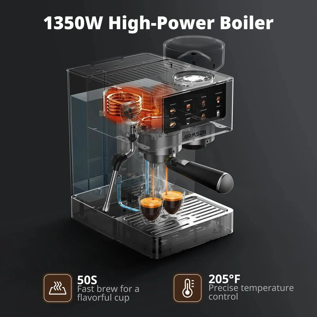 AIRMSEN Espresso Machine With Grinder, 20-Bar, 1350W, 63oz, Brushed Stainless Steel