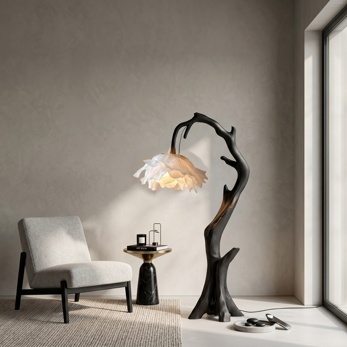 Nature Inspired Flower Floor Lamp With Solid Wood Base