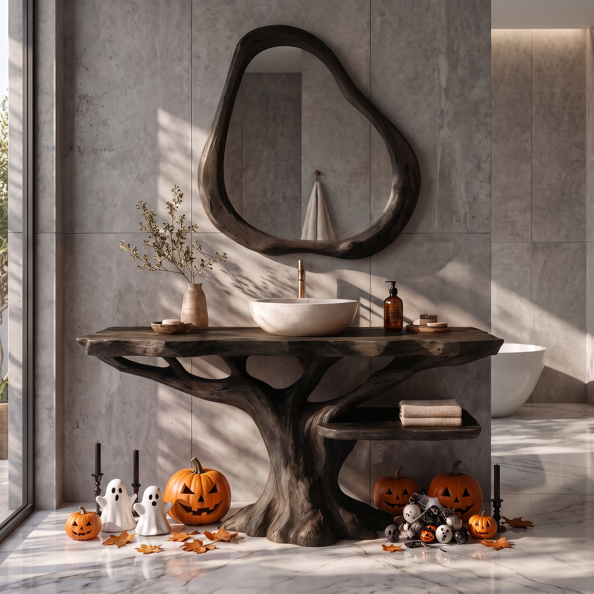 Gothic Halloween Bathroom Vanity With Lower Display Shelf For Bathroom