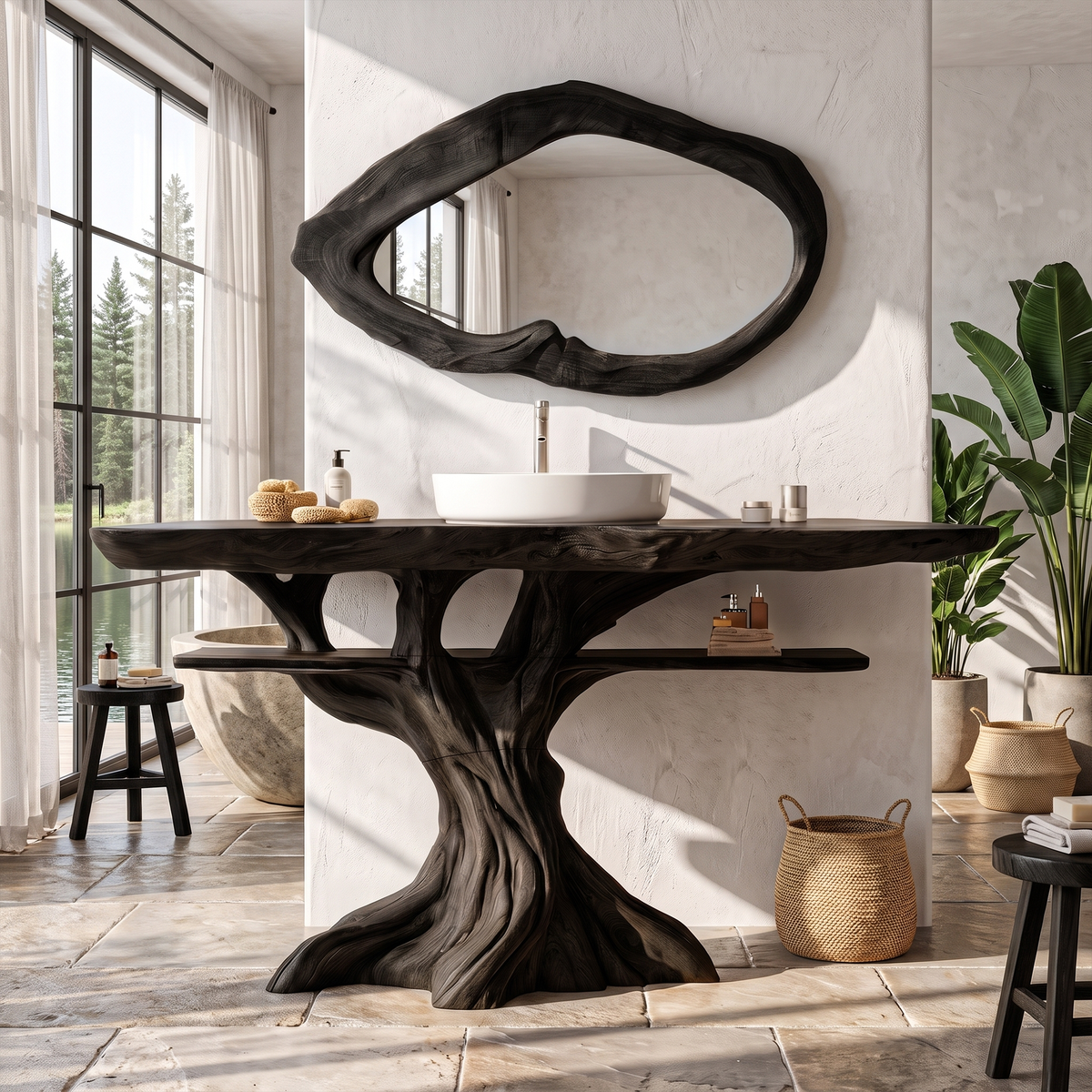 Contemporary Wooden Bathroom Vanity With Tree Inspired Frame For Bathroom