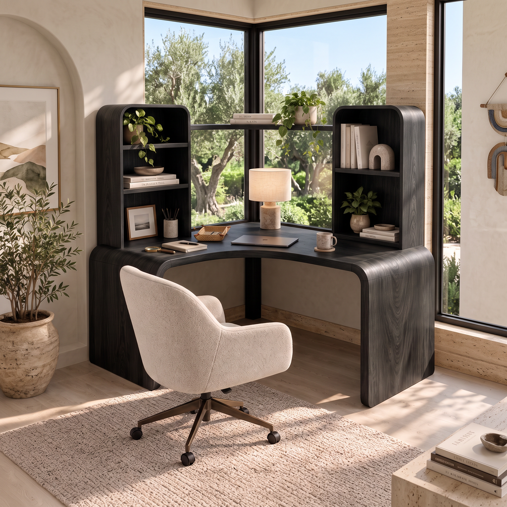 Contemporary Computer Desk With Corner Bookcase For Workspace