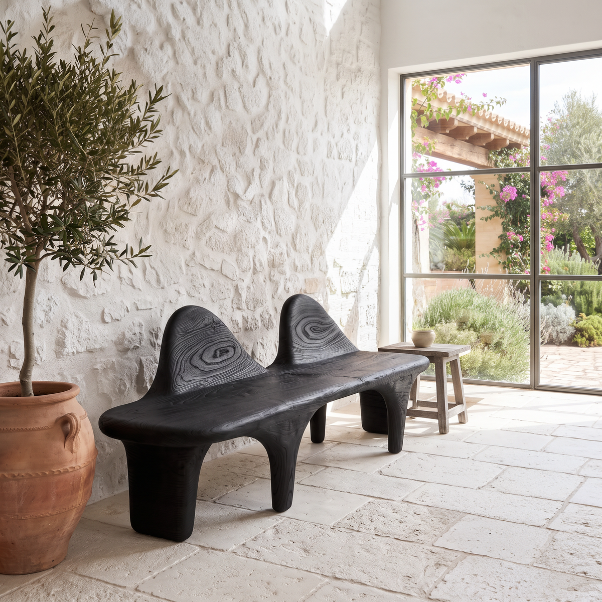 Organic Halloween Wooden Bench With Flowing Back Design For Entryway