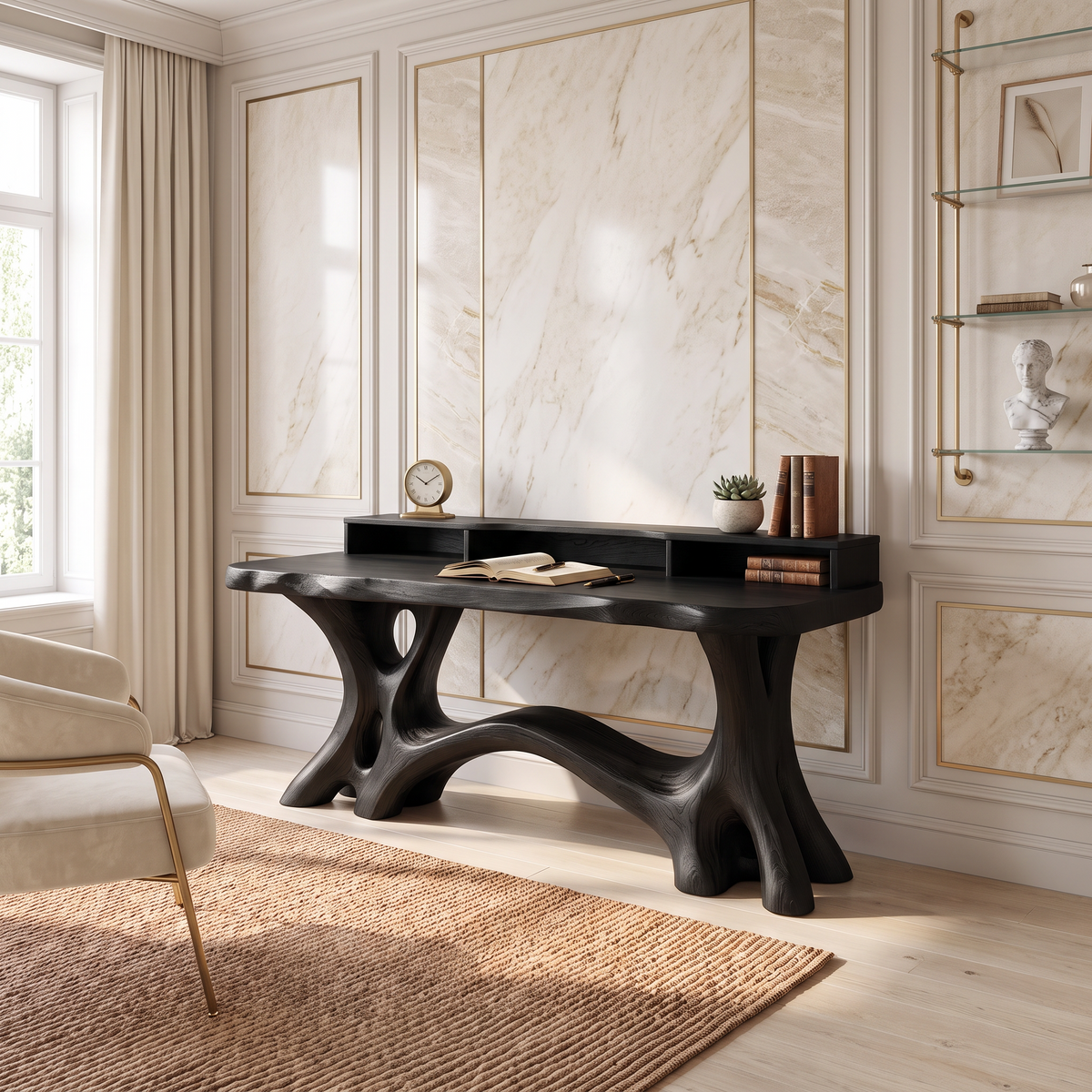 Natural Bookcase Desk With Tree Inspired Upper Storage For Study Room