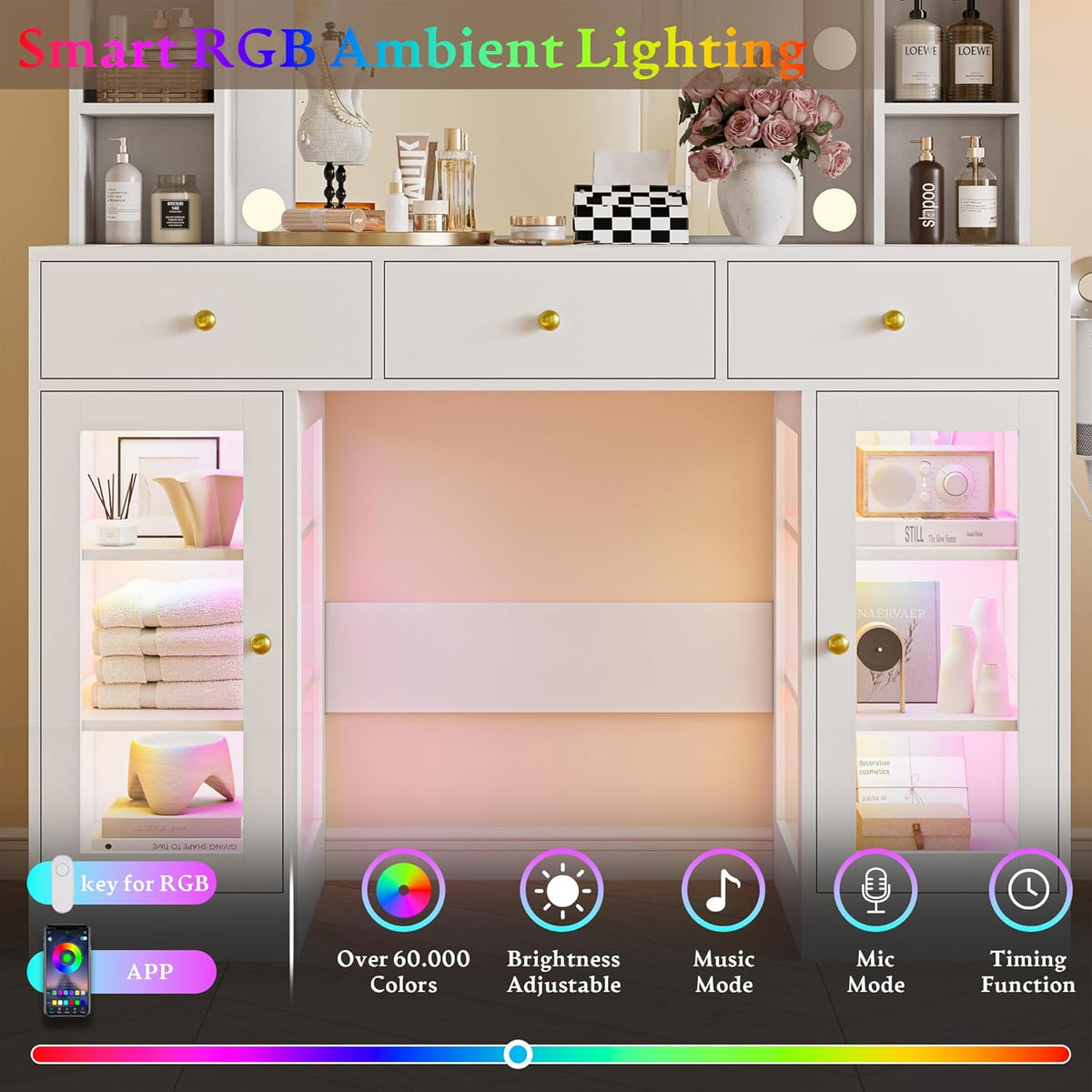 Makeup Vanity Desk With Mirror, LED Lights, Glass Top, 3 Drawers And 2 RGB Glass Cabinets, White