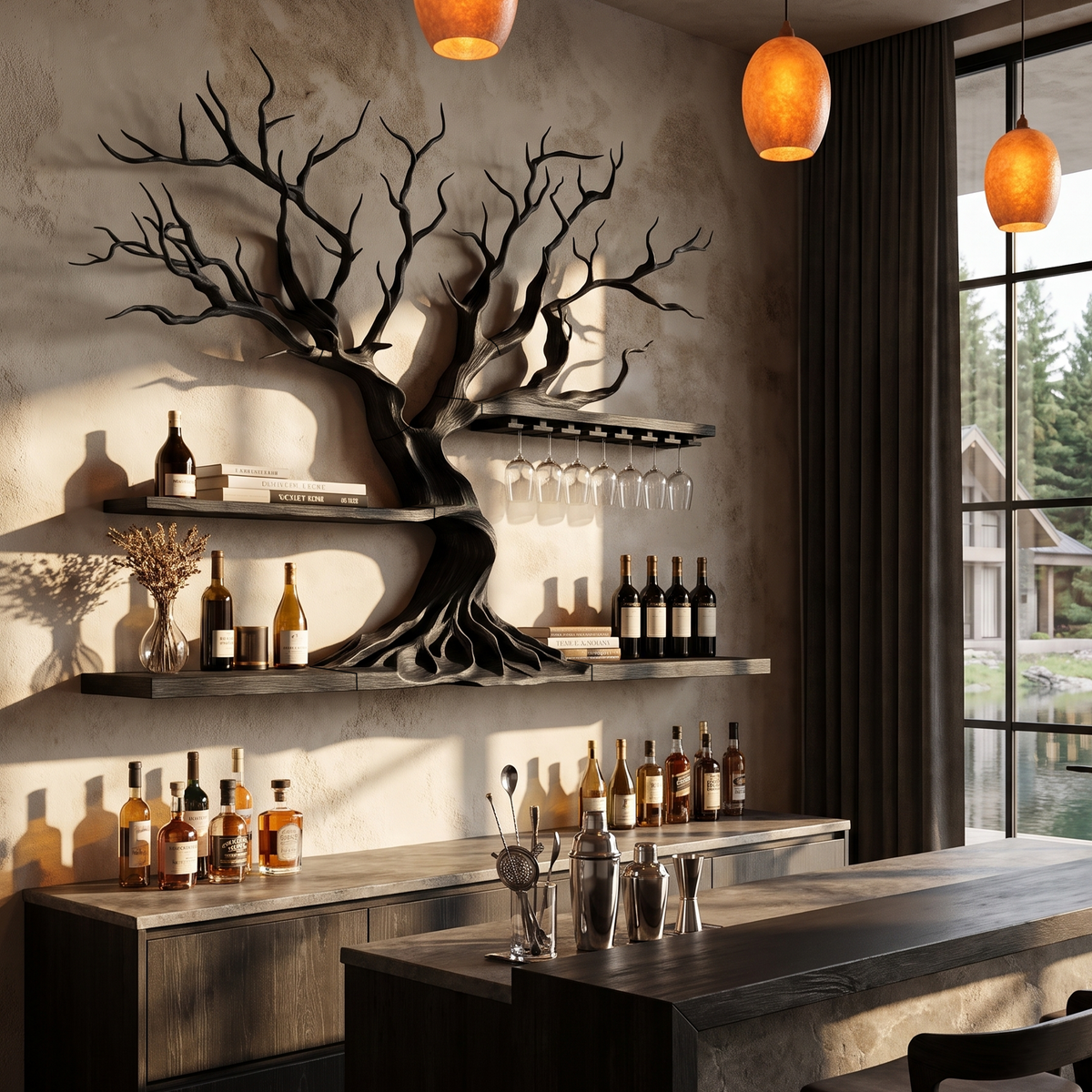 Modern Wooden Wine Rack With Sculptural Tree Frame For Kitchen And Dining Room