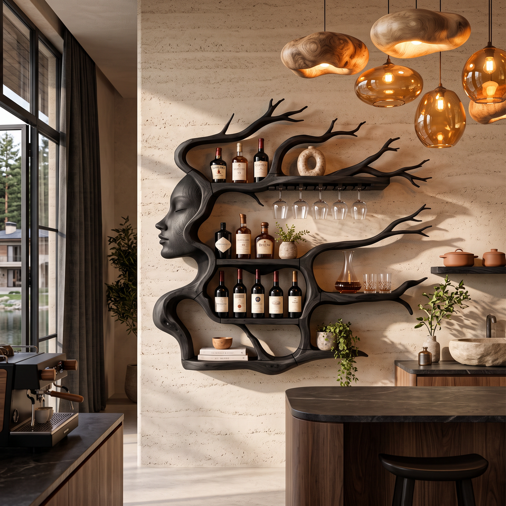 Contemporary Wall Mounted Wine Rack With Sculptural Face Tree Design For Dining Room