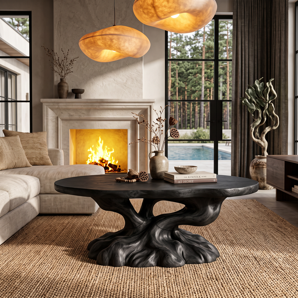 Rustic Coffee Table With Tree Root Inspired Base For Living Room