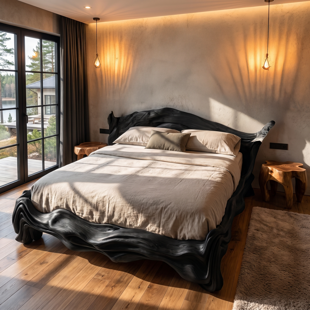 Contemporary King Bed Frame With Flowing Ripple Form For Bedroom