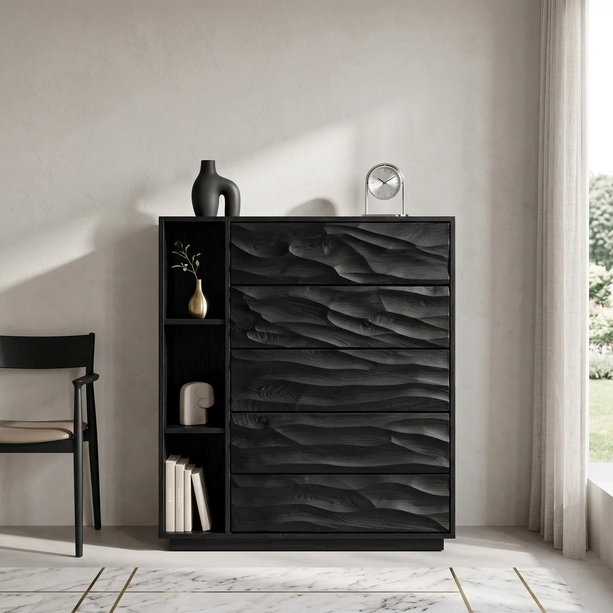 Contemporary Wave Carved Dresser With Shelves For Bedroom