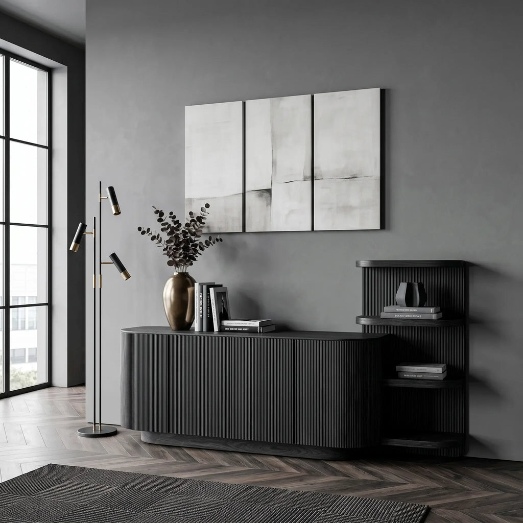 Contemporary Fluted Sideboard With Shelves For Living Room