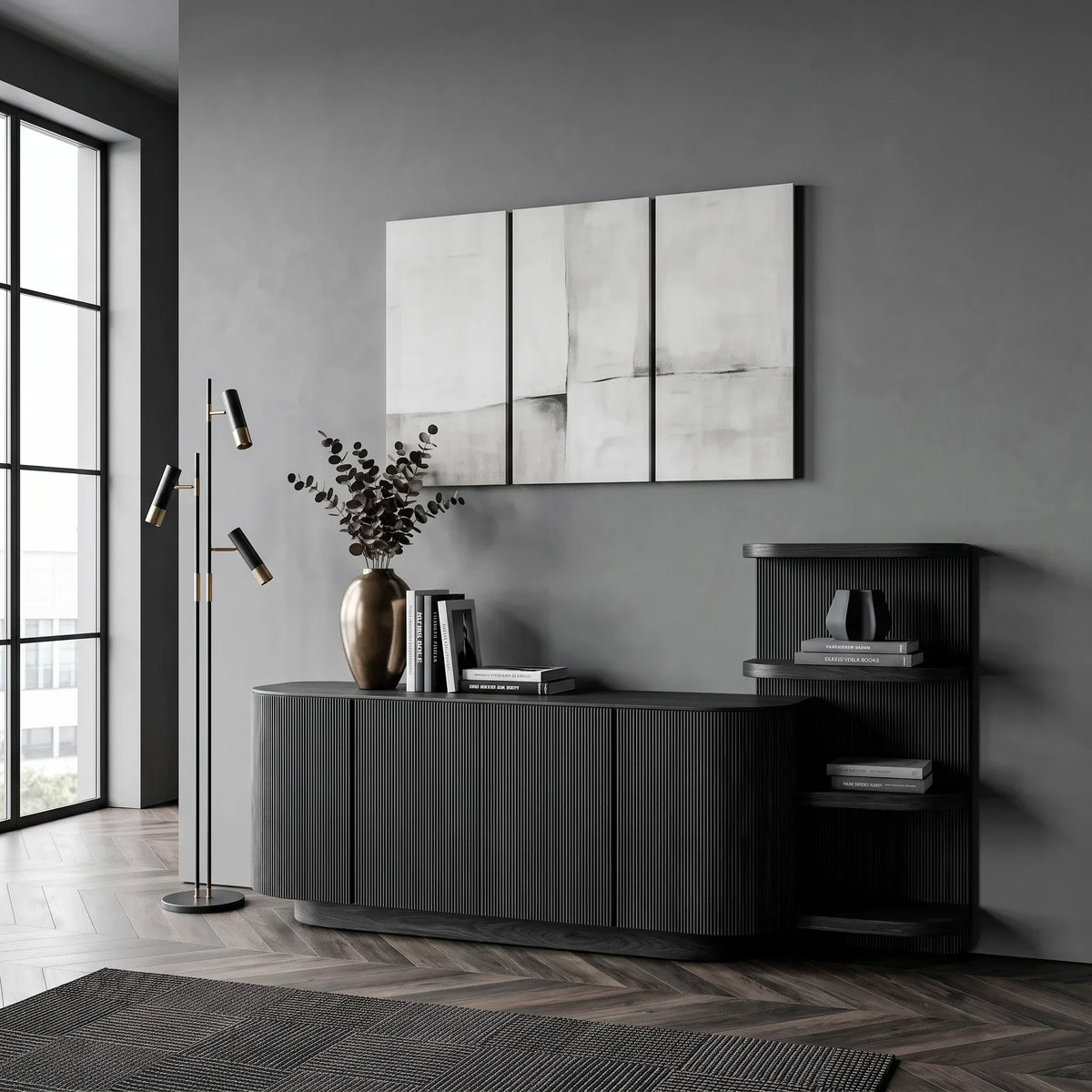 Contemporary Fluted Sideboard With Shelves For Living Room