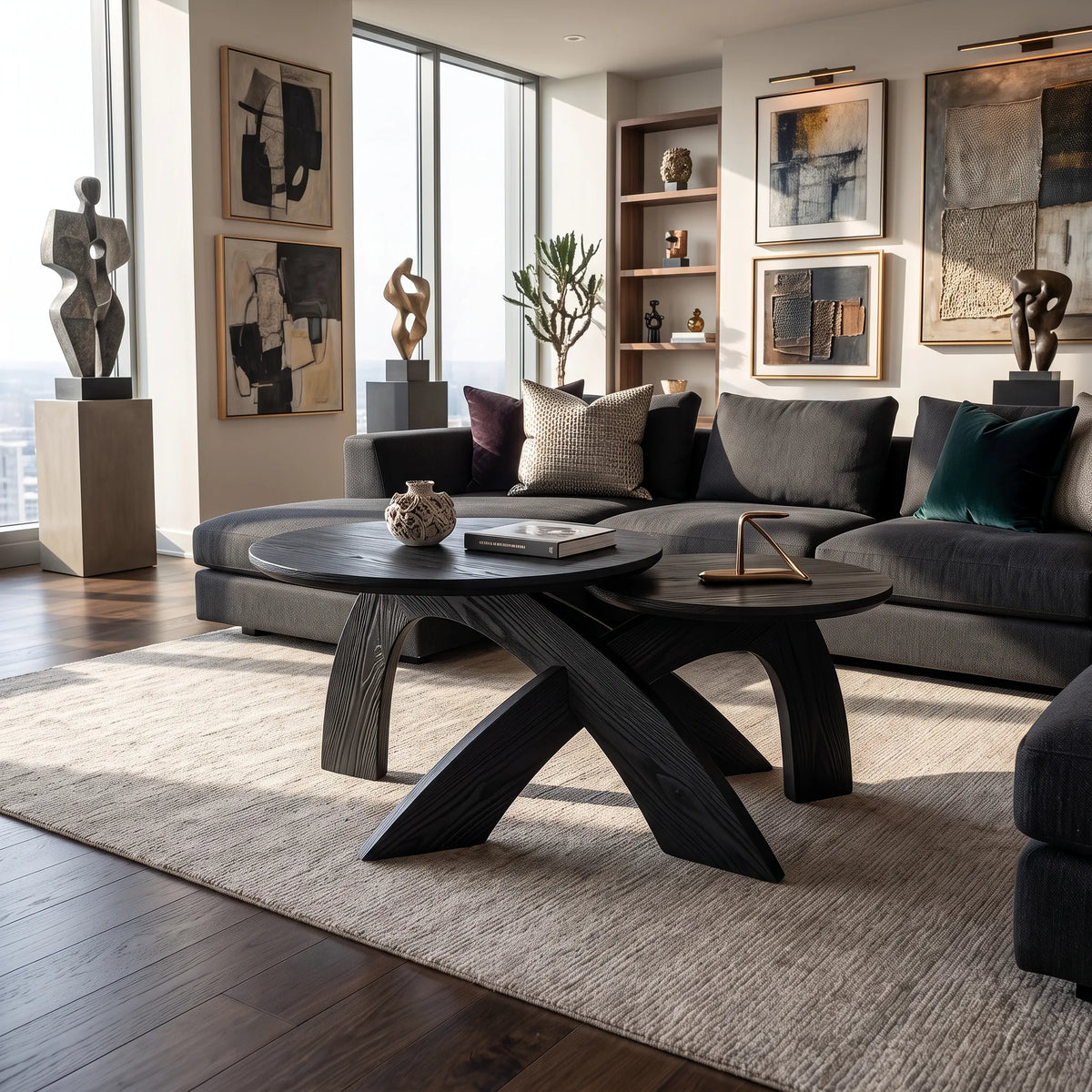 Mid Century Round Coffee Table Biophilic Living Room