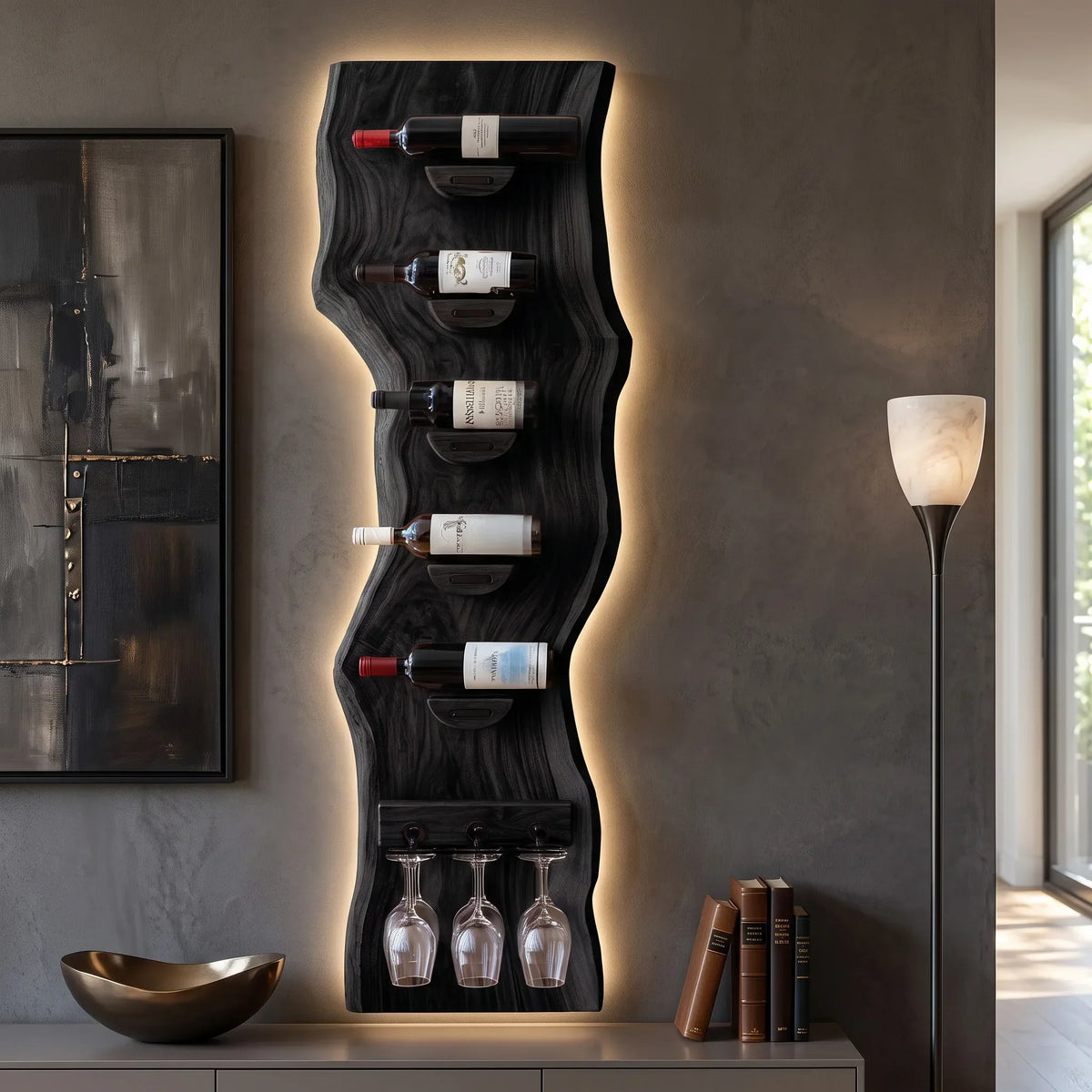 Contemporary Live Edge Wine Rack With Glass Holder For Dining Room