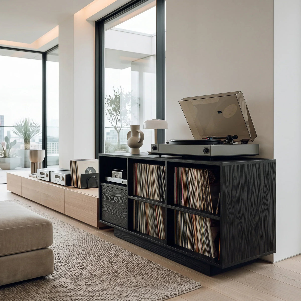 Elegant Vinyl Record Cabinet With Open Compartments For Living Room