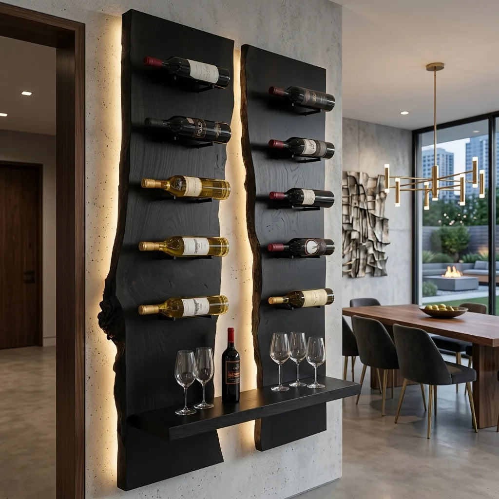 Contemporary Live Edge Wine Rack With Display Shelf For Dining Room