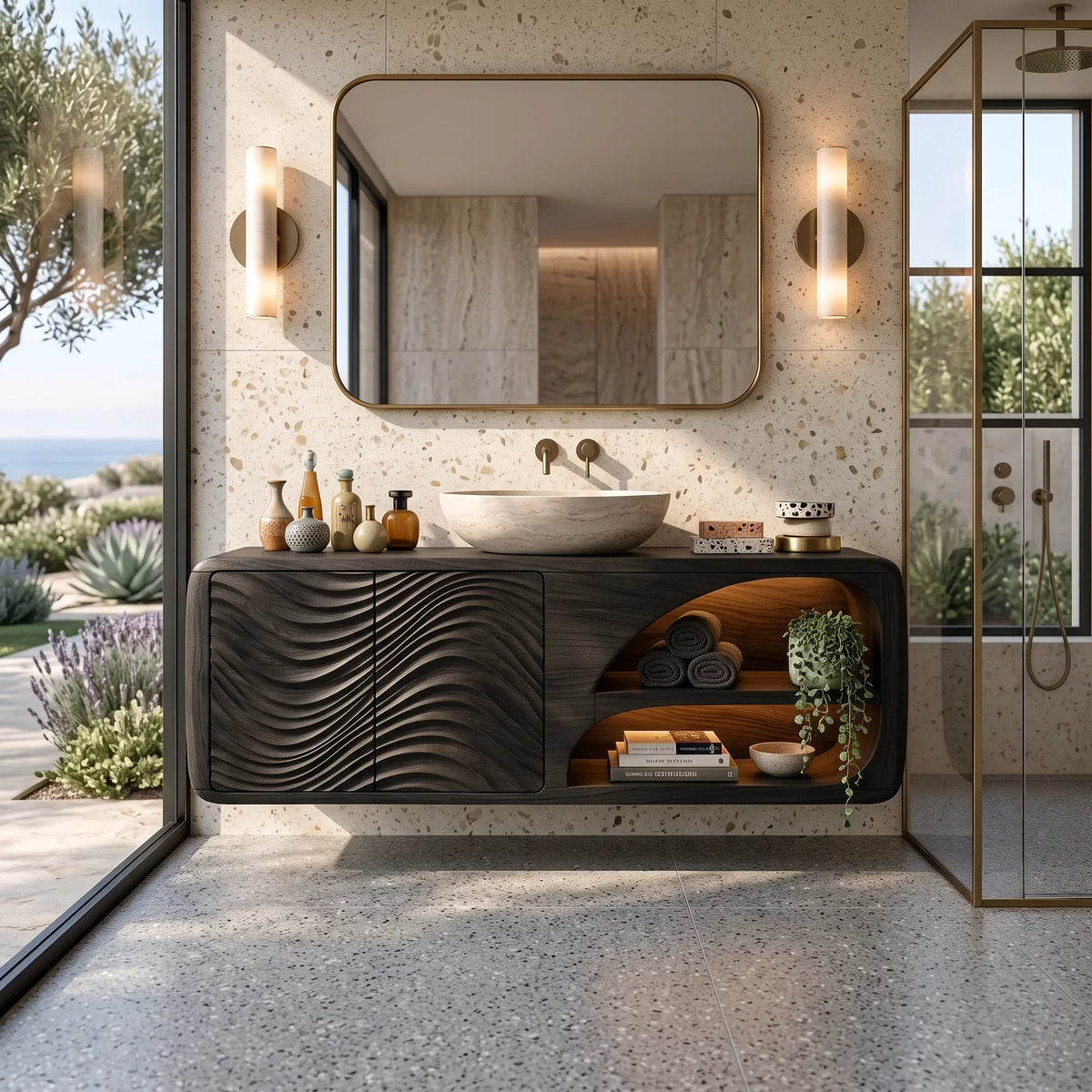 Designer Wall Mounted Bathroom Vanity Curved Shelves For Spa Bathroom